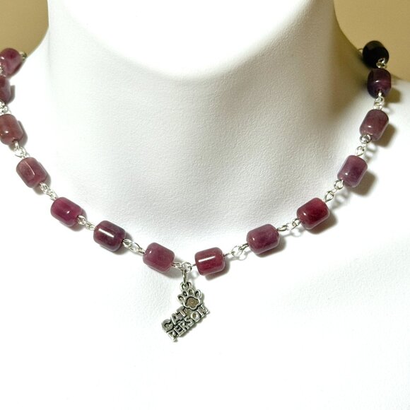 Genuine Magenta Chalcedony Short Necklace, Gemstone & Cat Person Paw Print Charm - Picture 2 of 14